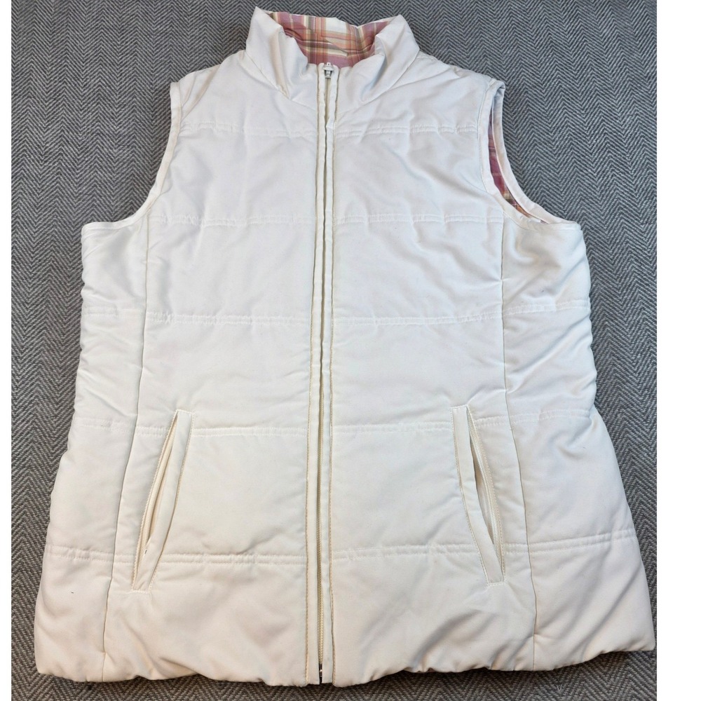 Off White Quilted Puffer Vest Mock Neck Full Zip Plaid Lining Sleeveless Jacket
